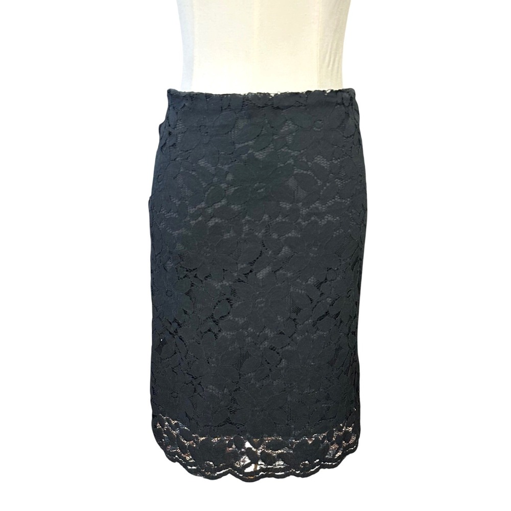 Black Floral Lace Pencil Skirt High Waist Scalloped Hem Knee Length Velvet Lined